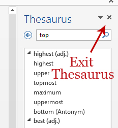 To close the Thesaurus, click the X, screenshot Word 2013.