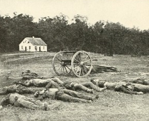A photograph of Dunker Church taken in 1862 in the immediate aftermath of the battle.