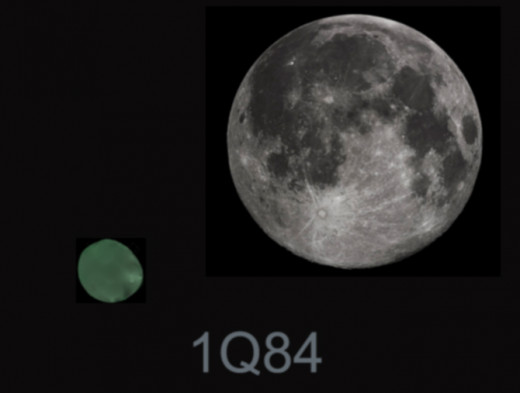 The presence of two moons indicate the skewed reality of those under the effects of the  IQ84 alternate reality. The second lopsided, green moon is seen only by those who have been affected by an alternate reality.
