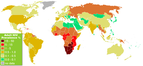 The global prevalence of Adult HIV in the population for ages between 15 at 49.