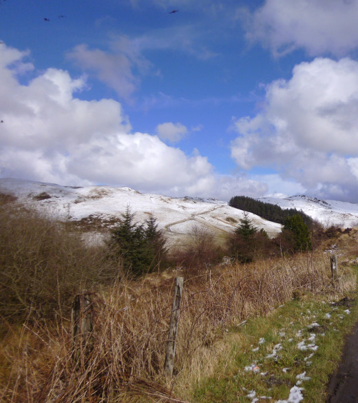 Snow capped hills at Ponterwyd in South Wales..