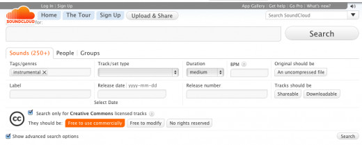 Searching for Creative Commons music on Sound Cloud.