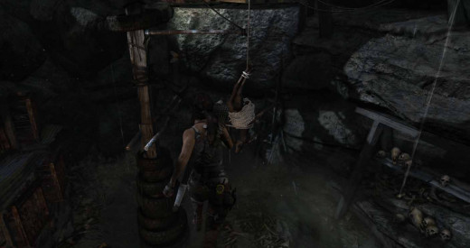 Tomb Raider use rope arrow to swing the deer carass away and then catch the bar as it swings into view. Then jump to the next ledge using the bar.