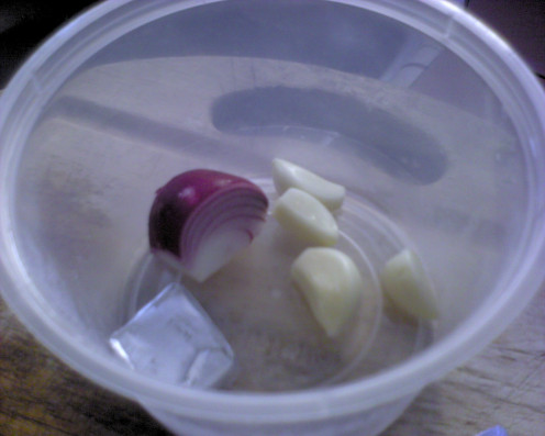 a quarter of medium onion and 3 or 4 pieces of garlics with a cube of anchovies stock