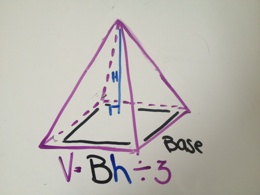 The formula for the volume of a pyramid is Bh÷3.