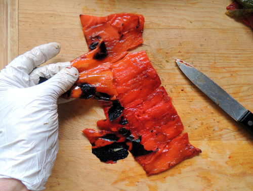 pull back & discard. Chop peppers and set aside.