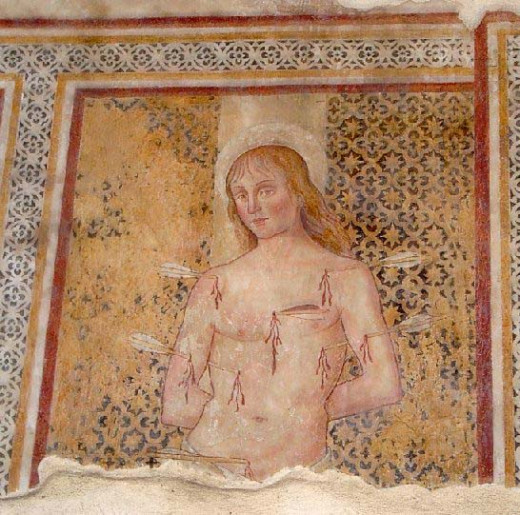 A fourteenth century fresco of Saint Sebastian by an anonymous artist. It is held at the Parish Church of Saint Giovanni Battista, Magliano, Tuscany, Italy.