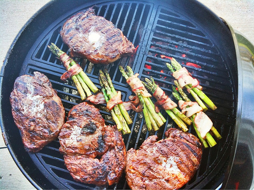 Chili Rubbed Rib Eye with Bacon Wrapped Asparagus