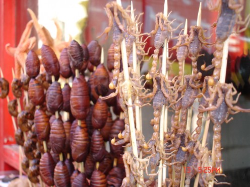 Scorpions and insects are food-on-a-stick for walking about with are common in the Far East.  Strange food by North American standards is often found in Asia.