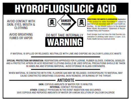 In concentrated form Fluoride is very toxic. It is diluted considerably in domestic water supplies, but it builds up in body tissues over the years, increasing a personal toxic load. This is a standard WMIS label describing in detail the chemical.