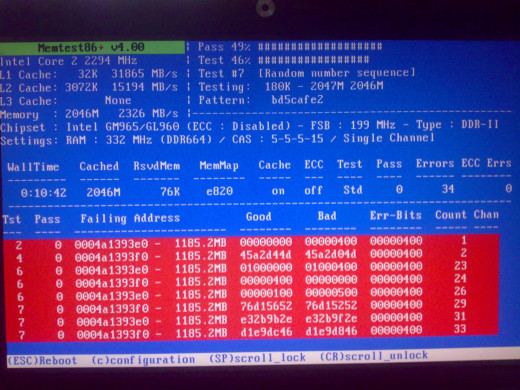 Memtest86+ during scanning - many errors have been found, indicating a RAM module which needs to be replaced.