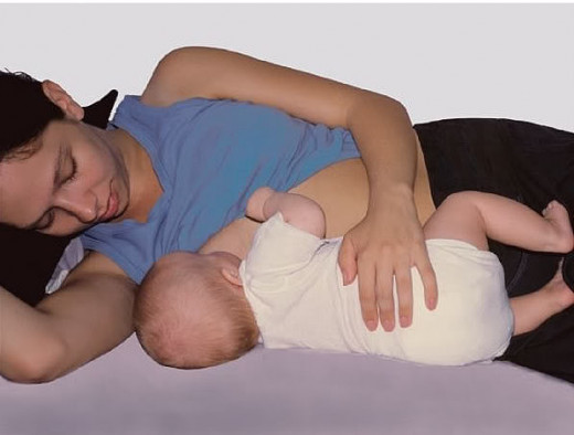 Side Lying hold, notice the mother has her right arm raised and baby is facing in towards her