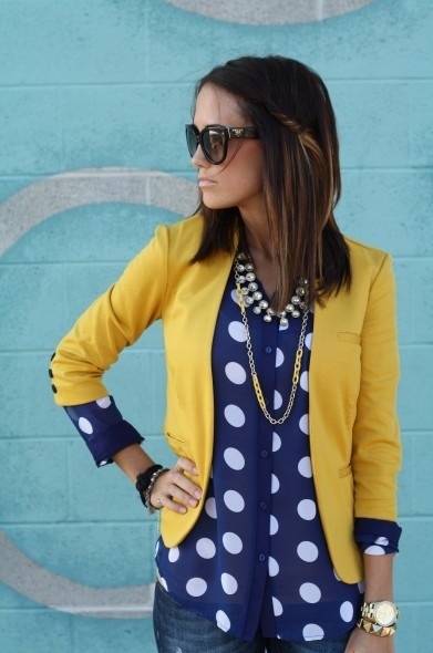 The mustard & navy work well together with the dots.