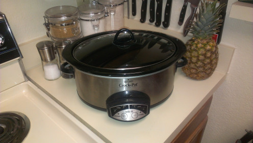 I keep my crock pot ready to go at all times. This is my Rival Crock-Pot, which works very well. No, I am not going to slow cook the pineapple.....or am I?