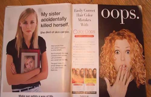 An emotional magazine article describing the story of an unfortunate suicide seems to be mocked by a hair remover ad on the next page. 