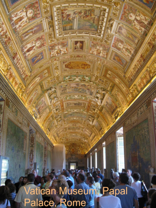 Heavily decorated museum display halls in the Papal palace, Vatican City, Rome.