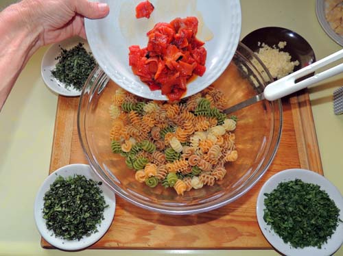 add peppers first--STIR AFTER EACH ADDITION