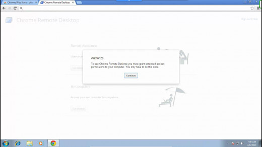 A window will pop up asking you to authorize Chrome Remote Desktop. Click "Continue".