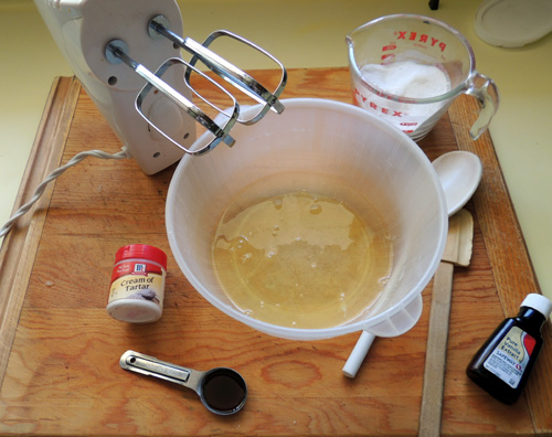 mise en place for meringue prep. NOTE: meringue takes approximately 7-9 minutes to beat to stiffness.