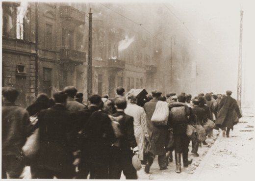 Captured Jews during the Warsaw Ghetto Uprising, that were captured and being taken to be deported.