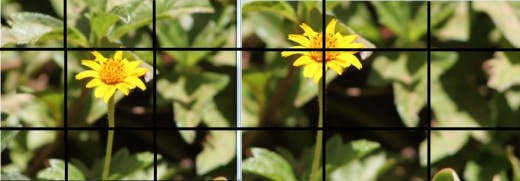 right:image placed at the center, left:applying the rule of the thirds