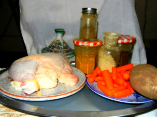 Ingredients for a chicken tajine for two. Note the mini tajine in the back.