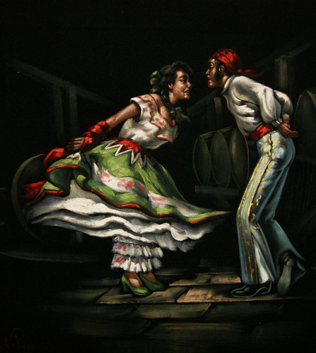 Flamenco in a velvet painting.