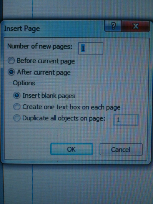 A new window pops up and asks how many pages to insert. You can choose 1 or many. You can even establish a text box on each page in this step if needed. Just click the button by the prompt.  Click OK.