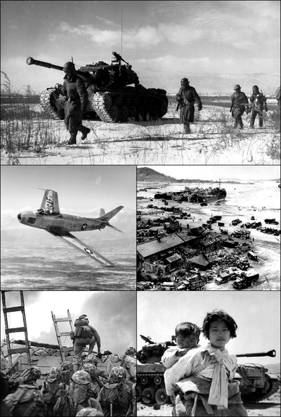 A montage of images from the Korean War,  including an American F-86 Sabre fighter jet. The Korean War was the first war in which jet fighters played a major role and the last that propeller-powered planes were involved.
