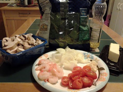 The ingredients for shrimp and spinach saute