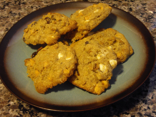Chewy Oatmeal Cookies with Butterscotch and White Chocolate Chips and Raisins