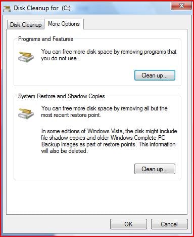 More options for Disk Cleanup. You can choose to clean up Programs and Features and System Restore and Shadow Copies