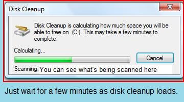 It's okay. It really doesn't take all that long for Disk Cleanup to scan. Just be patient.