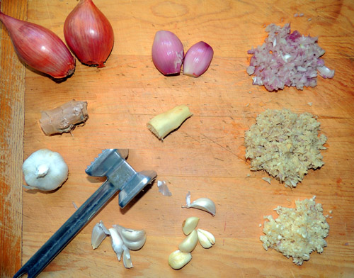 left to right, top to bottom shallots, ginger & garlic prep