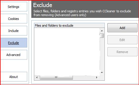 The Excludes tab of CCleaner