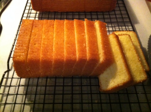 After the cakes cool for a couple of hours at room temperature, they are ready to slice and eat! I got 12 slices out of each cake for a total of 24. There are only 11 slices pictured, because I just had to eat one!