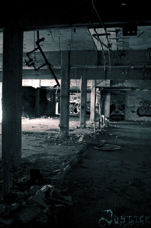 The inside of an abandoned factory in Detroit.