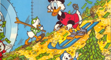 Scrooge McDuck skiing on money