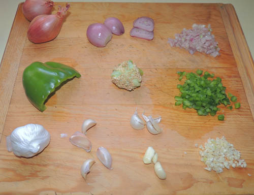 left to right, top to bottom, shallots, bell pepper & garlic prep