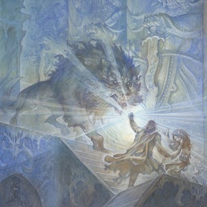 Beren and Lúthien Tinúviel fleeing from a minion of Morgoth with a Silmaril in hand. 