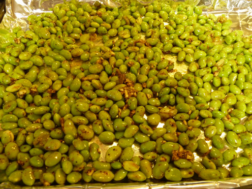 Spread evenly on baking sheet. Bake for about 40 minutes or until the soybeans are crispy (light, golden brown).