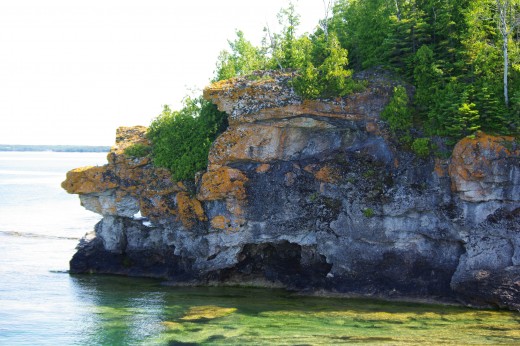 Green trees contrast with colour of the rock below.