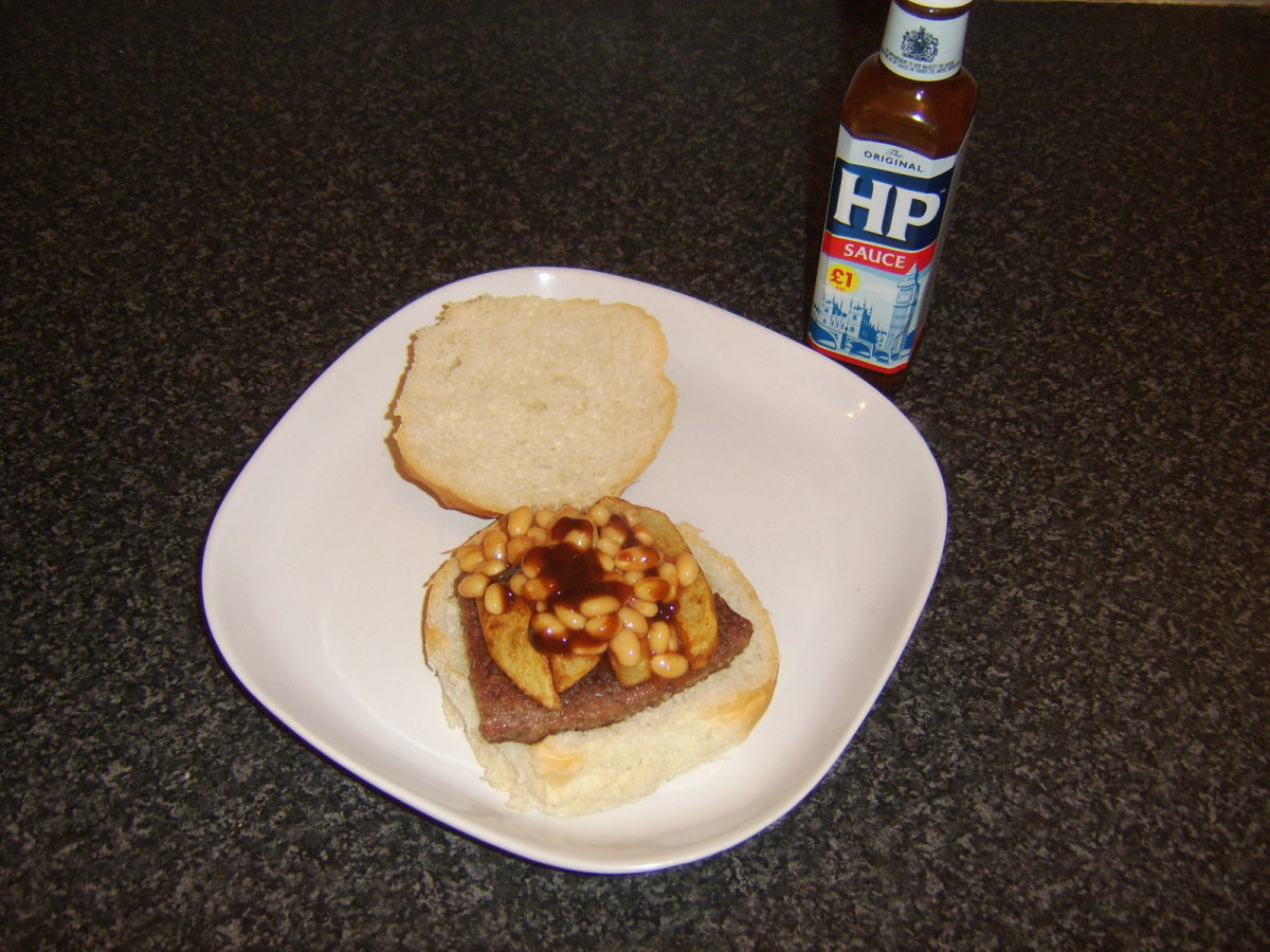 HP Sauce is an optional but tasty addition to a sausage, chips and beans sandwich