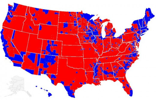 The red counties voted for the Republican presidential candidate, and the blue counties voted for the Democrat.