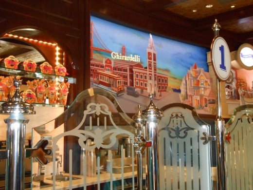 Inside the soda fountain at Ghirardelli Chocolate. The decor is beautiful 3D scenes of San Fransisco.