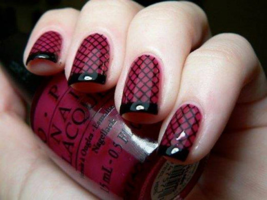 Colored French Manicure with Fishnet Print