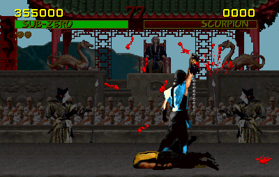 The gore in "Mortal Kombat" delighted gamers but distressed parents and politicians. In this screen shot,  Sub-Zero triumphantly raises the severed head of his rival, Scorpion. 
