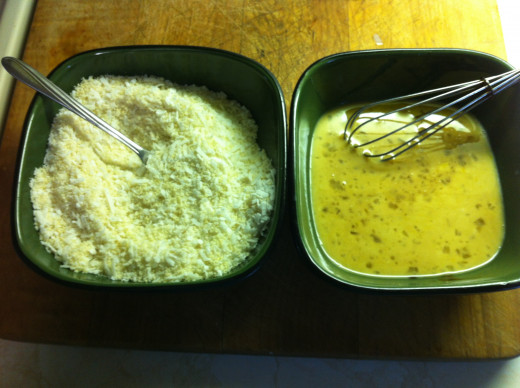 On the left is coconut mixed with almond flour, and in the right bowl eggs whisked with milk and hoisin sauce