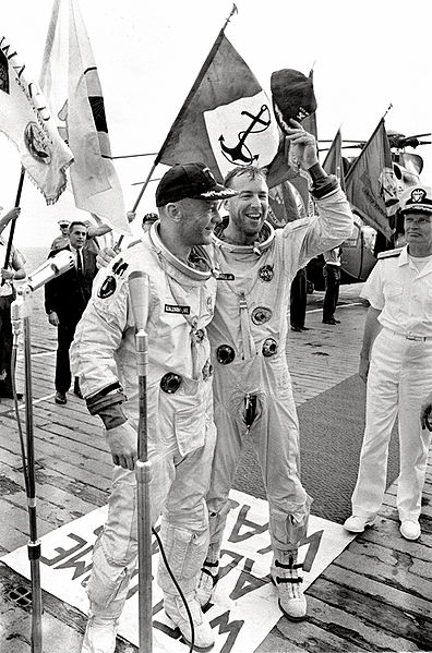 Astronauts  Edwin E. Aldrin Jr. and James A. Lovell (now with Golden Spike) on the aircraft carrier USS Wasp after their Gemini 12 splashdown.