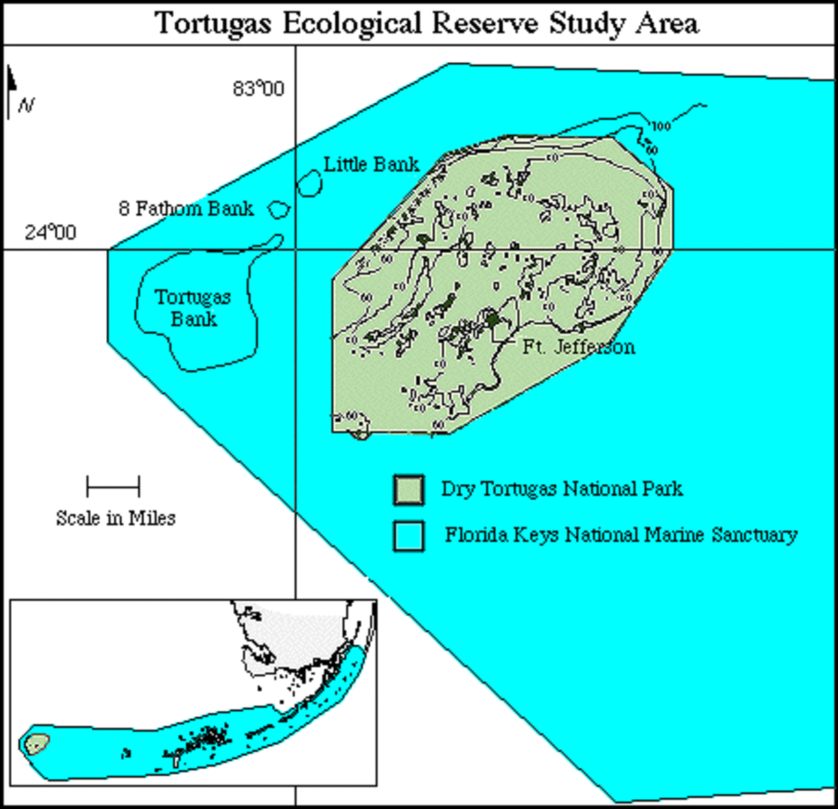 Tortugas Bank is furthest west and is totally submerged in the Gulf of Mexico.